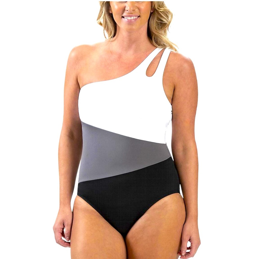 NWT Dolfin AQUASHAPE Black/Gray Color Block Asymmetrical One Piece Suit Size 10